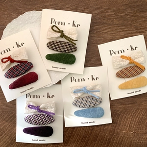 Plaid and lace bow hair clip 3-piece set for women and children in multi-color options