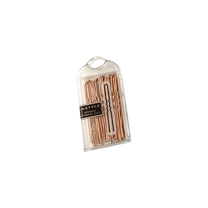 Set of 24 rose gold wavy U-shaped metal hair pins in a transparent hanging storage box
