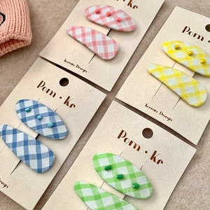 Cute Korean style gingham fabric hair clips set with small cubes for girls