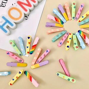 Cute macaron color oval hair clips set with cartoon prints and patterns for girls