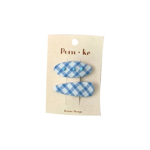 Set of 2 Korean style blue gingham fabric hair clips with beads on white background
