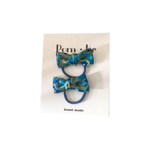 Set of 2 Chinese style blue satin bow hair ties with elegant gold floral embroidery