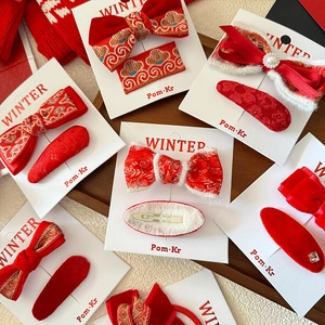 Chinese New Year red bow hair clip set with embroidery and pearls for girls
