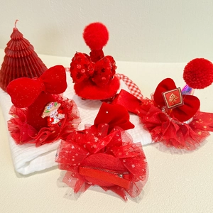 Red Festive Children Hair Clips Bowknot Mini Hat Hairpins With Plush Ball Sequins For Girls Christmas New Year Party