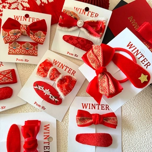 Red festive hair accessories set with embroidered velvet bows and pearls for girls