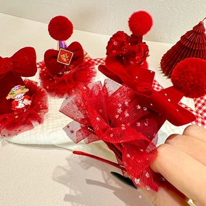 Festive red New Year hair accessories set with bows and glowing plush doll details