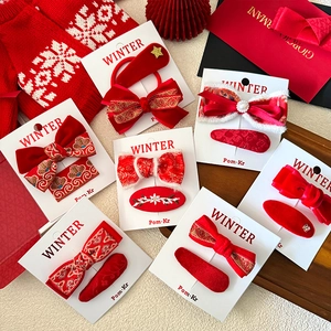 Winter festive red velvet bow hair clips and embroidery ties set for girls