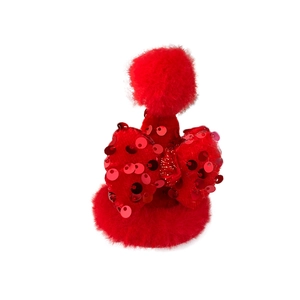 Red festive hair clip with sequin bow and plush pom-pom for Chinese New Year styling