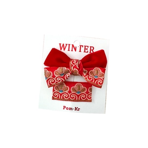 Traditional red velvet bow hair clip with gold embroidery for girls' high ponytail