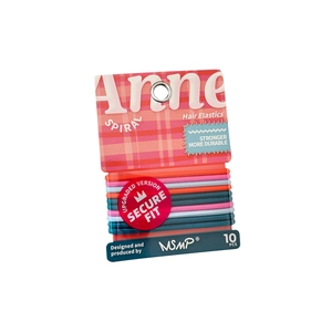 Set of 10 colorful spiral telephone wire hair ties on a pink plaid card display