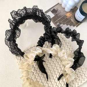 Vintage Pleated Mesh Lace Headband For Kids Girls Elegant Ruffle Hairband Black Off-White Sweet Hair Accessories
