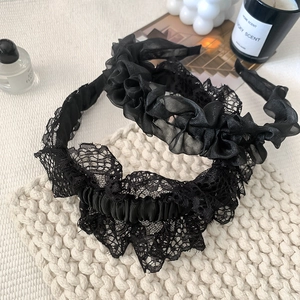 Elegant black pleated mesh and lace headband set for a high cranial top hairstyle look