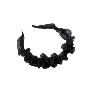 Elegant black pleated mesh headband with ruffled chiffon layers for a voluminous hair look