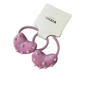 Pink satin heart hair ties with pearls for girls, set of two on white display card