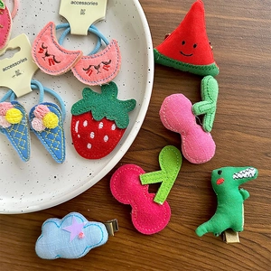 Ensemble Accessoires Cheveux Enfants en Tissu Fait Main Mignon Dessin Animé Broderie Fruits Animaux Élastiques Pinces à Cheveux pour Filles