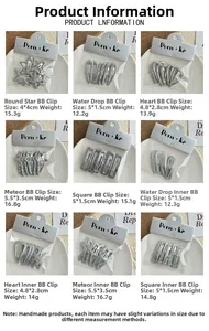Detailed close-up of nine silver glitter snap hair clips in star and heart shapes