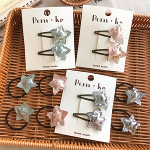 Glitter star hair clips and elastic hair ties set for kids in rose gold and blue colors