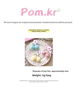 Detail showing handcrafted 4cm lace rose hair ties in pink, yellow, and blue colors