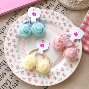 Handmade lace rose flower hair ties in light blue, pink and cream yellow for girls