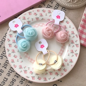 Handmade lace rose flower hair ties set in blue, pink and beige with mesh petals