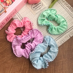 Elegant Faux Artificial Pearl Edging Ruched Fabric Hair Scrunchies Macaron Color Elastic Hair Ties Daily Women Hair Accessories