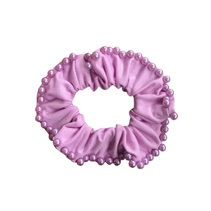 Elegant lilac purple pearl scrunchie hair tie with glossy elastic fabric for women