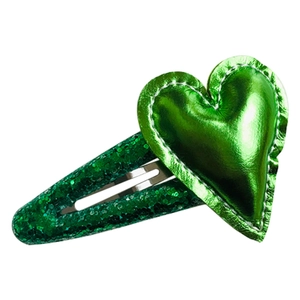 Elegante fermaglio per capelli a cuore in pelle verde con paillettes per bambine