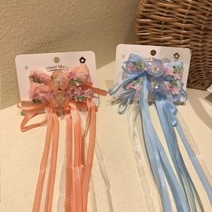 Barrettes à cheveux Hanfu faites main avec de longs rubans et fleurs brodées pour filles