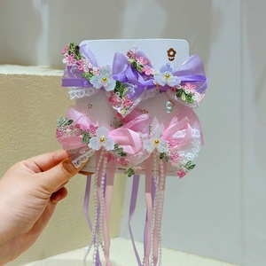 Pince à Cheveux Nœud en Mousseline et Dentelle avec Broderie Florale et Gland en Künstliche Perles d'Imitation pour Enfants Filles Accessoire de Mode