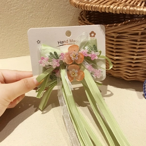 Pince à cheveux fleurie de style chinois faite main avec de longs rubans pour filles