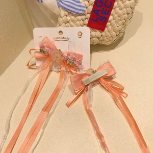 Barrettes à fleurs en soie rose et orange pour filles avec longs rubans et broderies