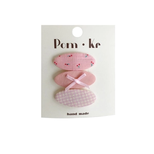 Set of 3 pink fabric floral and checkered oval hair clips with sweet ribbon bow detail