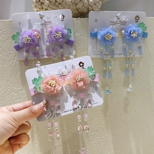 Ancient Style Hanfu Flower Hair Clips For Kids Sweet Tassel Satin Faux Artificial Pearl Butterfly Pendant Hairpins Handmade Girls Hair Accessories
