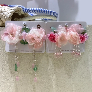 Chinese style children's hair clips with pink silk flowers and hanging pearl tassels