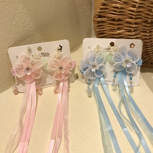 Barrettes Hanfu pour enfants avec délicates fleurs en tulle et longs rubans en rose et bleu