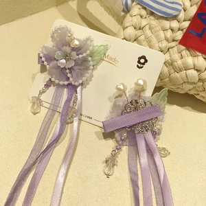 Barrettes Hanfu fait main avec fleurs en dentelle violette et longs rubans de soie