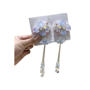 Traditional blue flower hair clips with long tassels and beads for children and girls