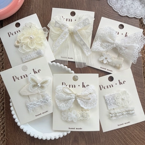 Sweet lace butterfly and pearl hair clip set with floral ribbons for girls