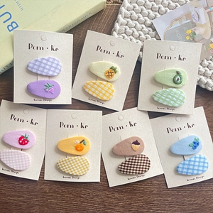 Set of 2 cute embroidered fruit fabric hair clips with colorful plaid patterns for girls