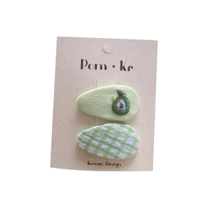 Set of 2 cute Korean fabric hair clips with avocado embroidery and green plaid patterns