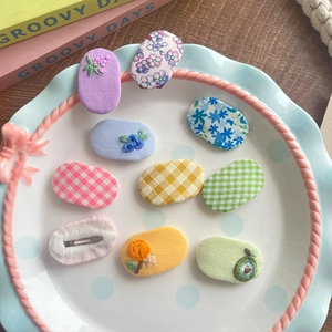 Floral and fruit embroidered fabric oval BB hair clips set in colorful macaron shades