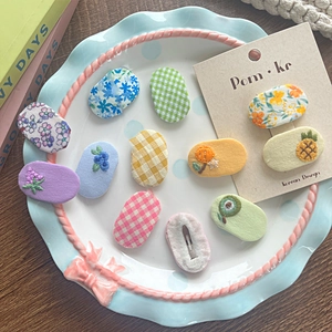 Floral and fruit embroidered fabric hair clips set in assorted pastel macaron colors