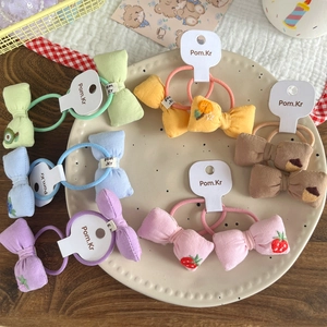 Set of colorful fabric hair ties with cute embroidered fruit and flower bow designs