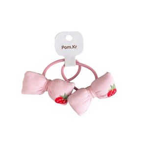 Pink fabric bow hair ties set with cute embroidered strawberries on white card
