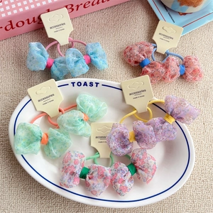 Korean Style Floral Bow Hair Ties Organza Mesh Scrunchies For Girls Kids Sweet Pastoral Ditsy Print Hair Accessories