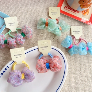 5-piece set of floral bow hair ties in pastel chiffon for girls, Korea style