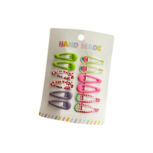 Set of 10 candy colored fruit and plaid pattern BB hair clips for kids on a display card