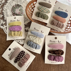 Pastel plaid fabric hair clip set for girls with Korean style drop-shaped BB clip design