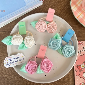Sweet Satin Rose Flower Hair Tie With Green Leaf For Girls Women Korean Style High Elastic Hair Rope Scrunchies Jewelry