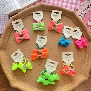 Kids Neon Bow Hair Ties Handmade Elastic Hair Bands Knotted Fabric Bowknot Ponytail Holders With Beads For Girls Hair Accessories